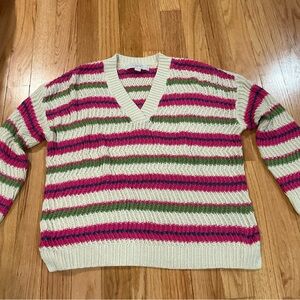 LOFT V-Neck Sweater with Pink and Green Stripes